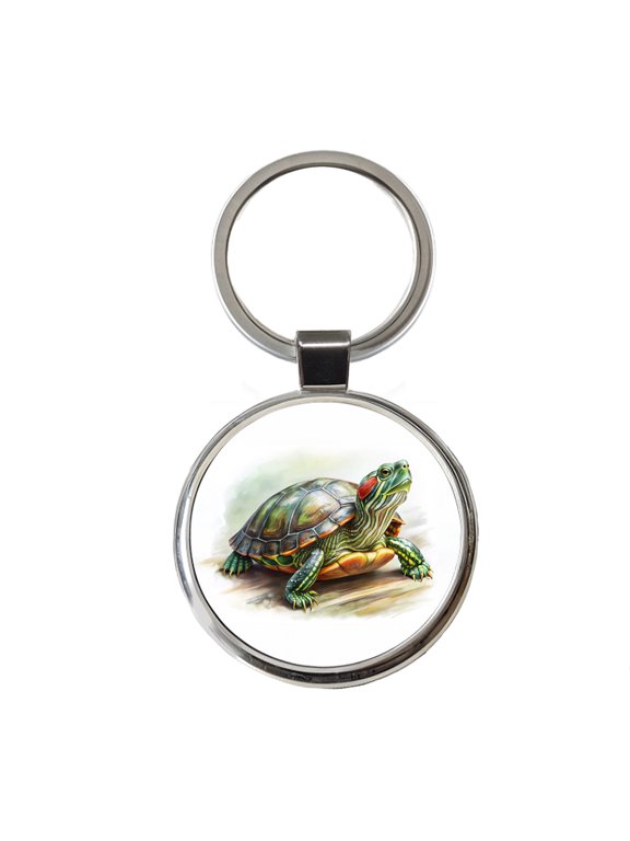 Red Eared Slider Turtle Watercolor Metal Round Keychain