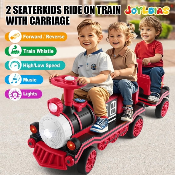 Red Electric 2-Seater 12V Kids Ride On Toy Train with Carriage 2 Speeds Boys Girls Gift w/ Music,Lights,Honk,Storage,USB,Support to 165LBS