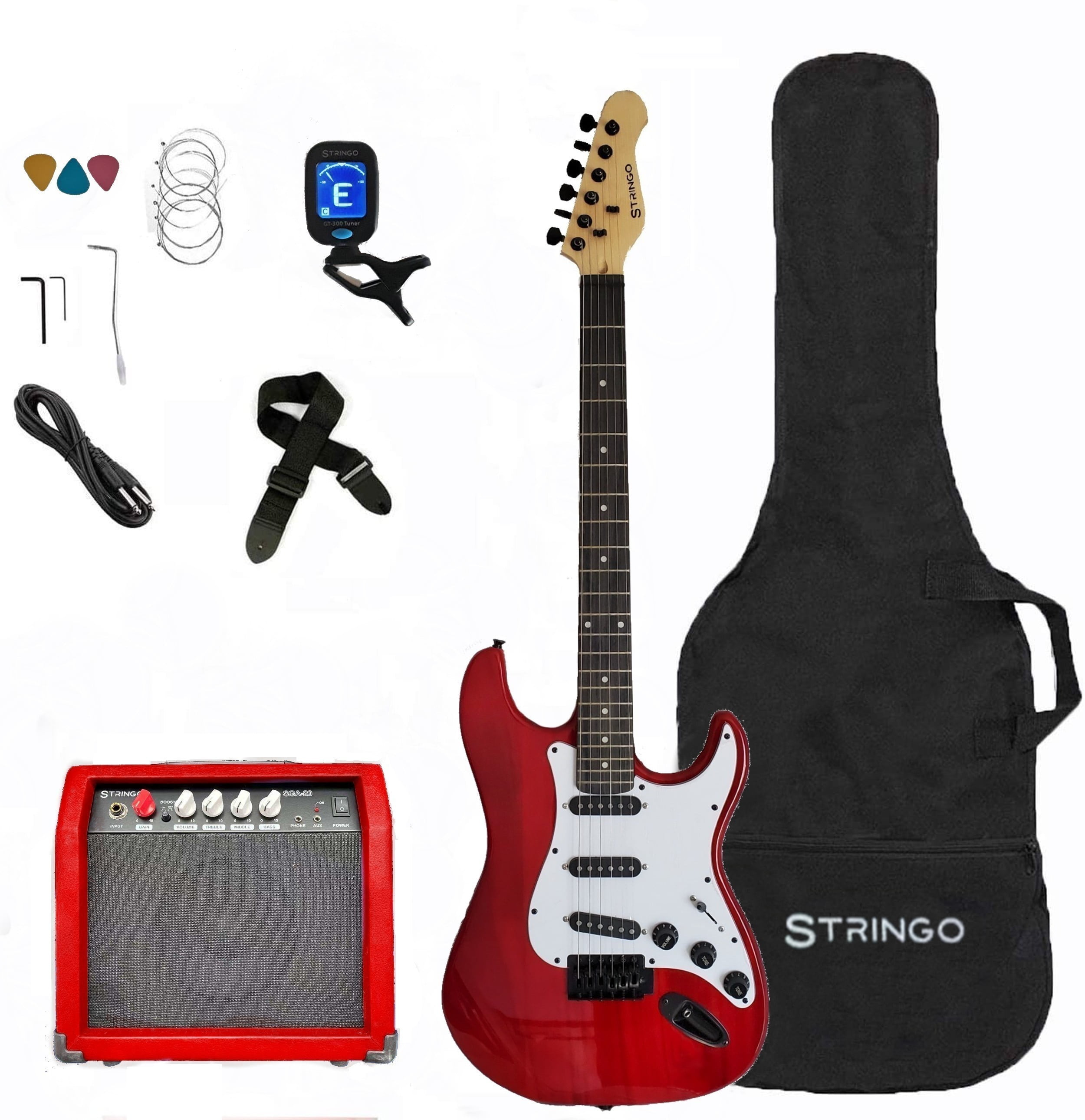 Red Electric Guitar Beginner Kit Full Size 39 Inch Set Includes Tremolo Guitar, 20W Amplifier 3 Picks, Shoulder Strap, Tuner, Bag Case