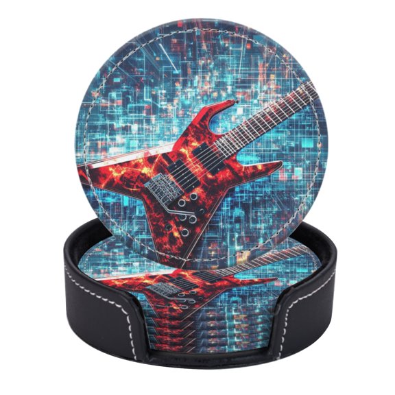 PU Leather Coasters for Drinks Bar Beer,Set of 6 with Holder,Round Housewarming Gift,Red Electric Guitar With Energy Grid Background