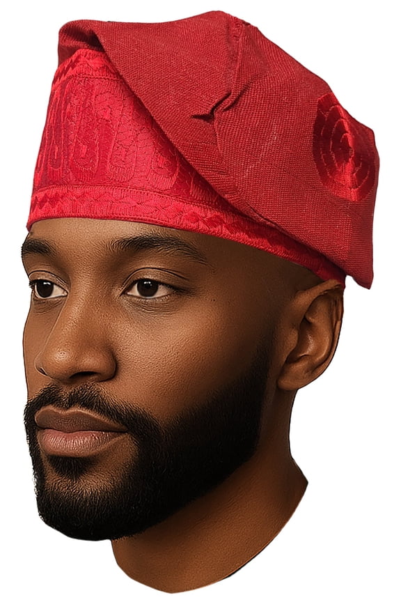 Red Embroidered African Hand woven Aso Oke Hat