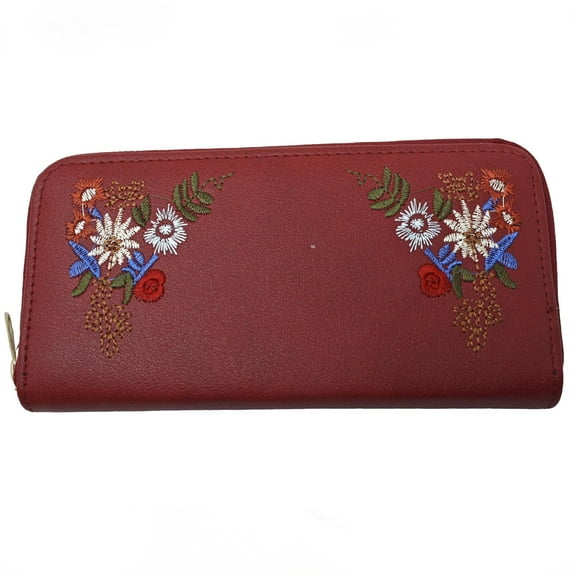Red Embroidered Flower Zip Wallet Clutch Easy to Hold & Carry 7.5 x4"