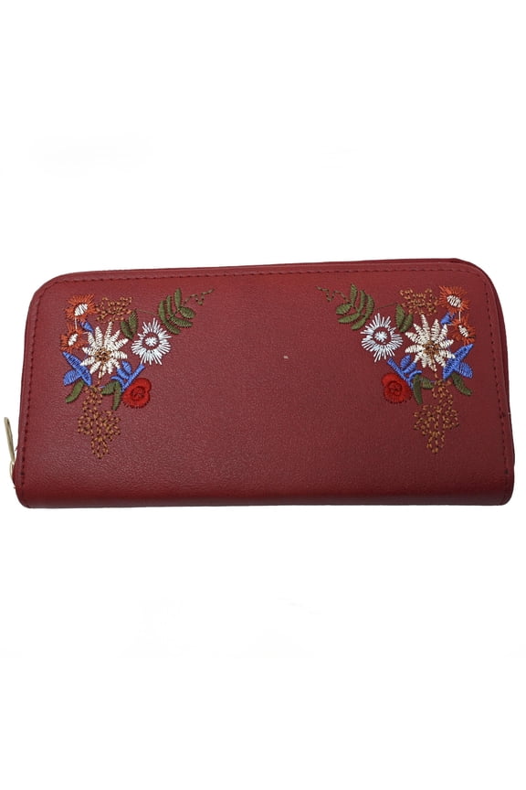Red Embroidered Flower Zip Wallet Clutch Easy to Hold & Carry 7.5 x4"
