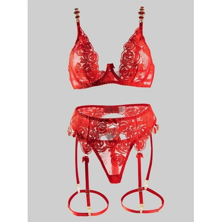 Red Embroidered Sexy Push Up Lingerie Set (RED, S)