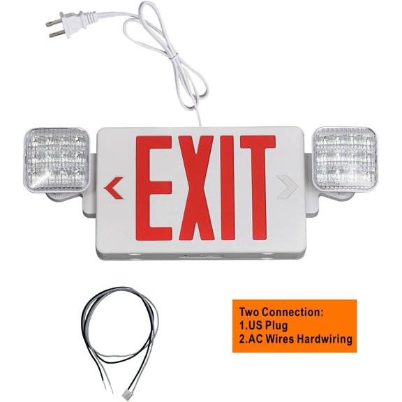 Red Emergency Exit Sign Light, 1.0 Meter Plug-in Emergency Exit Sign with Battery Backup Light, Suitable for Commercial Places, Commercial Emergency Lighting Combo, UL Listed, AC 120V, Double-Sided,