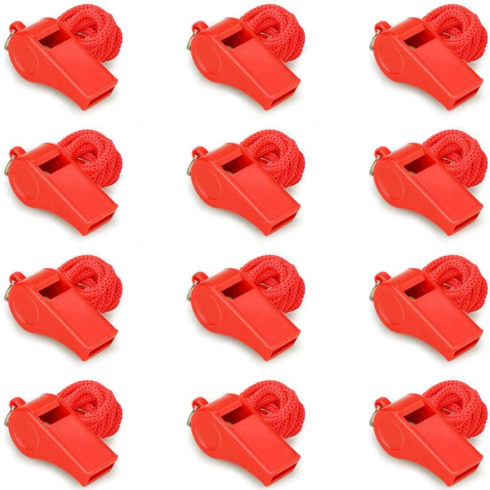 Red Emergency Whistles with Lanyard, Loud Crisp Sound, 12 Packs Plastic Whistle Bulk Ideal for