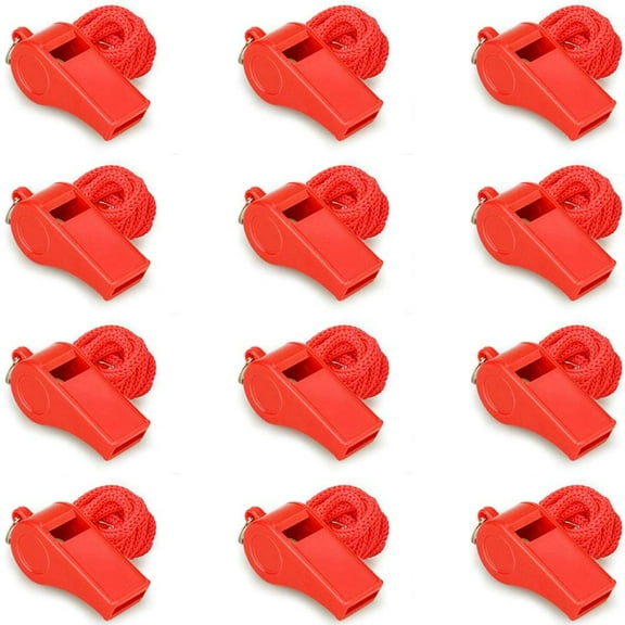 Red Emergency Whistles with Lanyard, Loud Crisp Sound, 12 Packs Plastic Whistle Bulk Ideal for Lifeguard, Self-Defense and Emergency