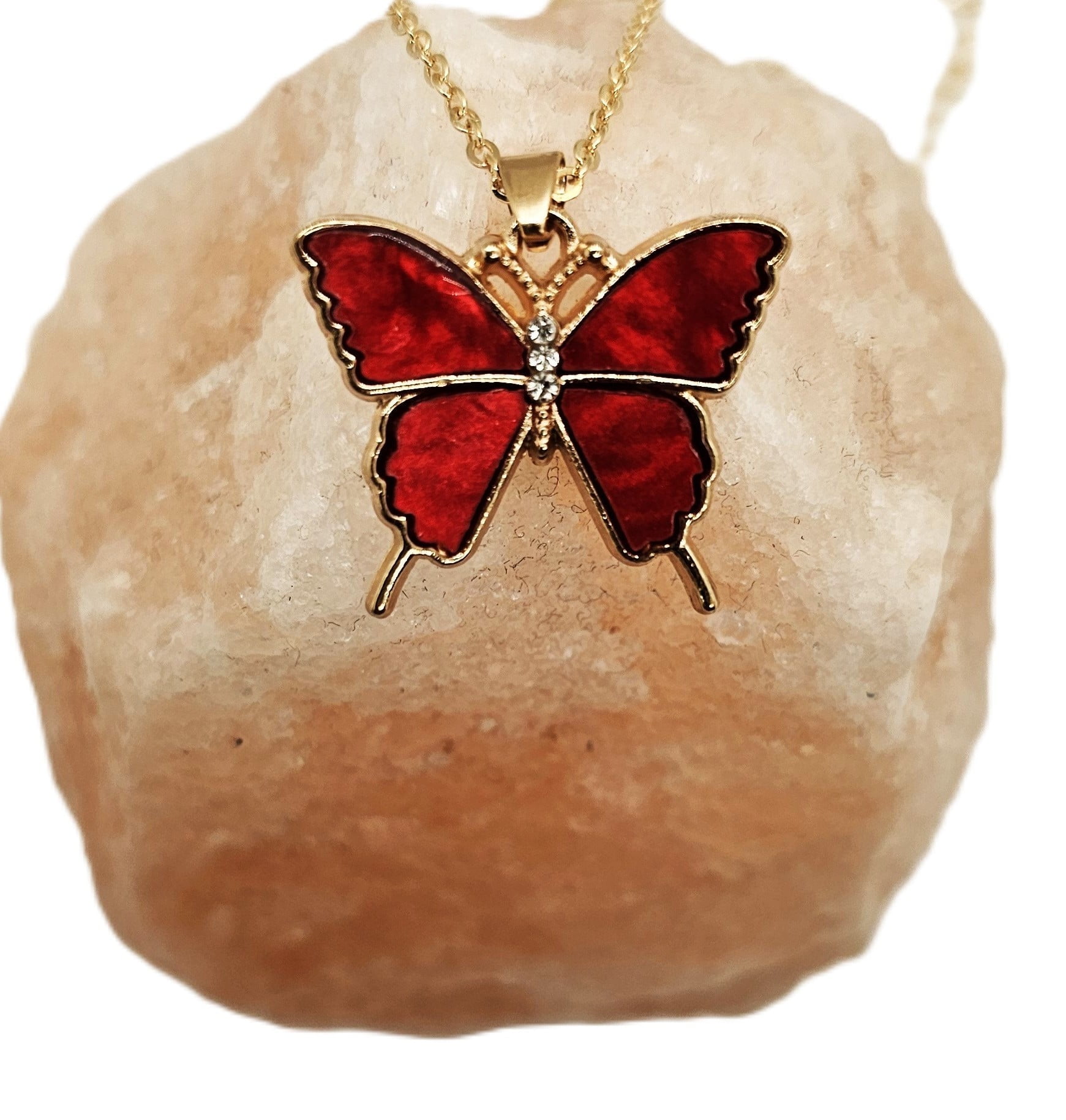 Omodo Red Enamel Butterfly Pedant, Necklace, Gold Tone