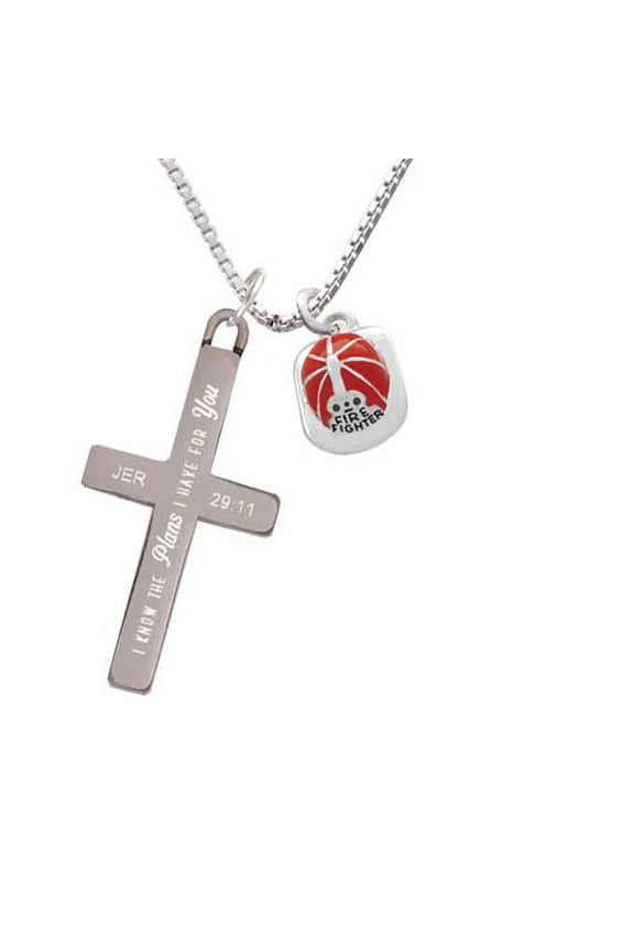 Red Enamel Firefighter Helmet - Plans I Have for You - Cross Necklace