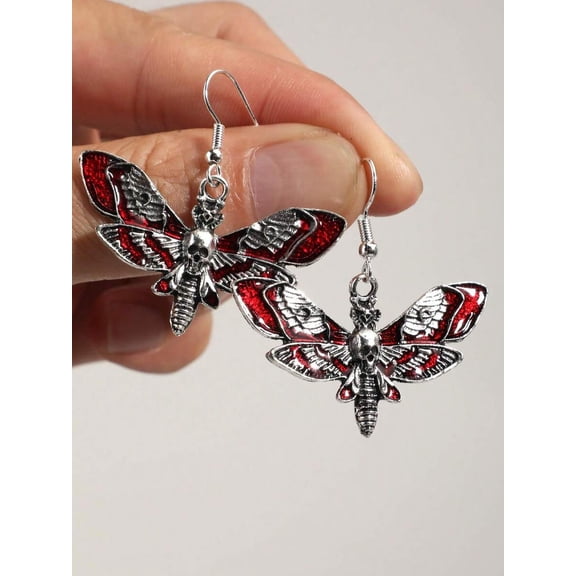 Red Enamel Skull Moth Dangle Earrings In Silvertone Metal,Red,Gothic