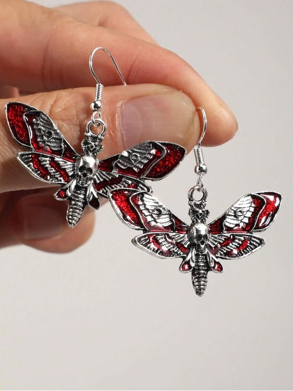 Red Enamel Skull Moth Dangle Earrings In Silvertone Metal,Red,Gothic