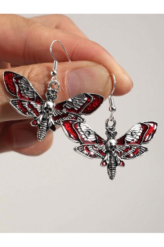Red Enamel Skull Moth Dangle Earrings In Silvertone Metal,Red,Gothic