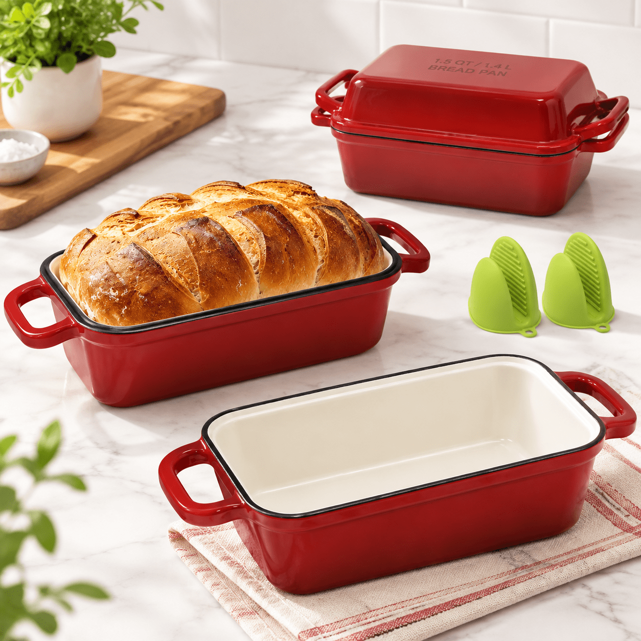 Iron Dim Red Enameled Cast Iron Bread Loaf Pan With Lid, 9x5 Inch Inner ...