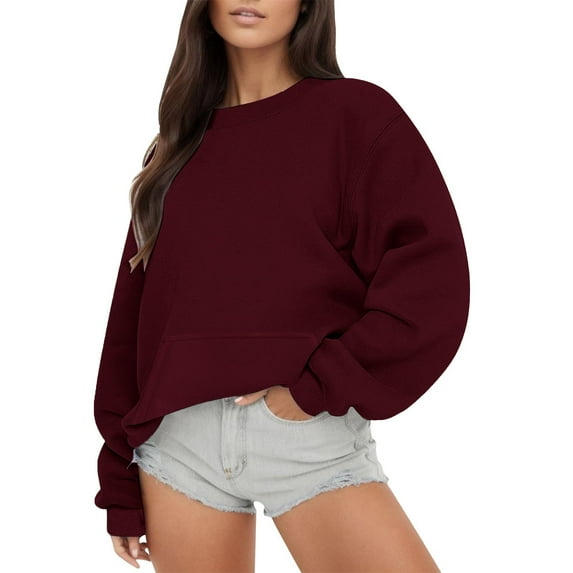 Red Essentials Hoodie, Polyester Hoodies for Women, Women's Solid Color Round Neck Oversized Sweatshirt Loose Fit Long Sleeve Light Sweatshirt Loose Blouse L
