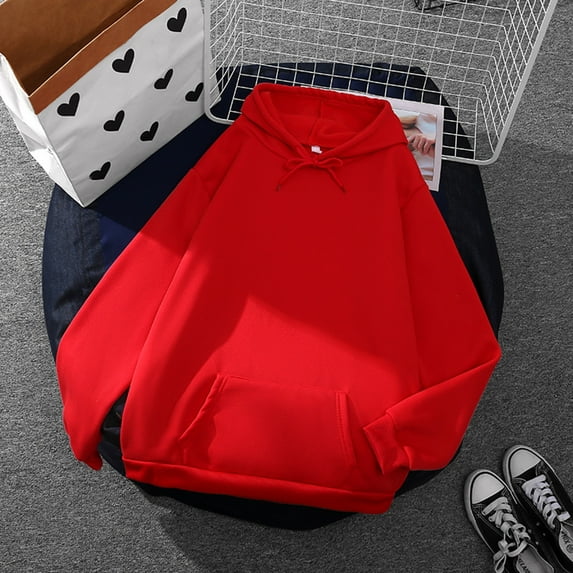 Red Essentials Hoodie, Polyester Hoodies for Women, Women's Casual Solid Top Long Sleeve Loose Hooded Sweatshirt Top with Pocket XL