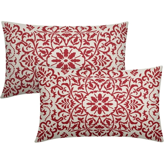 Red Ethnic Boho Pillow Covers 12 X 20 Inch Bohemian Carpet Style Vintage Flower Print Decorative Throw Pillows Outdoor Linen Lumbar Cushion Case Farmhouse Decor for Home Sofa Bed Set of 2