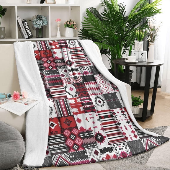Red Ethnic Geometric Patchwork Pattern Blanket,Comfortable Soft Flannel Throw Blanket,All Season,Warm Lightweight Blankets for Sofa Bed Couch Living Room Chair,50"x60"