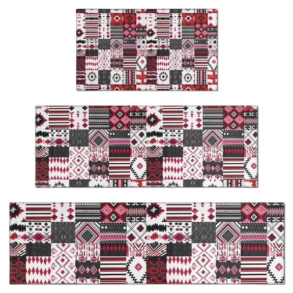 Red Ethnic Geometric Patchwork Pattern Kitchen Rugs Sets Of 3,Kitchen Runner Rugs Non Skid Washable,Decorative Kitchen Floor Mats for Kitchen,Sink,Laundry,17"x30"+ 17"x47" + 17"x59"