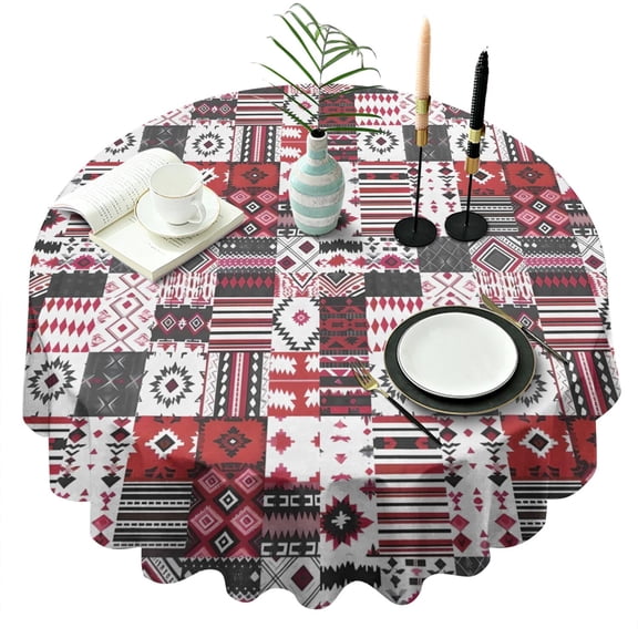 Red Ethnic Geometric Patchwork Pattern Round Tablecloth 60"x60",Wrinkle Wipeable Table Cloth for Kitchen Dining Room Picnic Patio Party