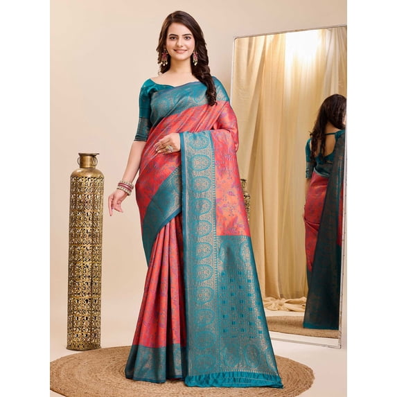 Red Ethnic Motifs Woven Design Zari Banarasi Saree - 27933754