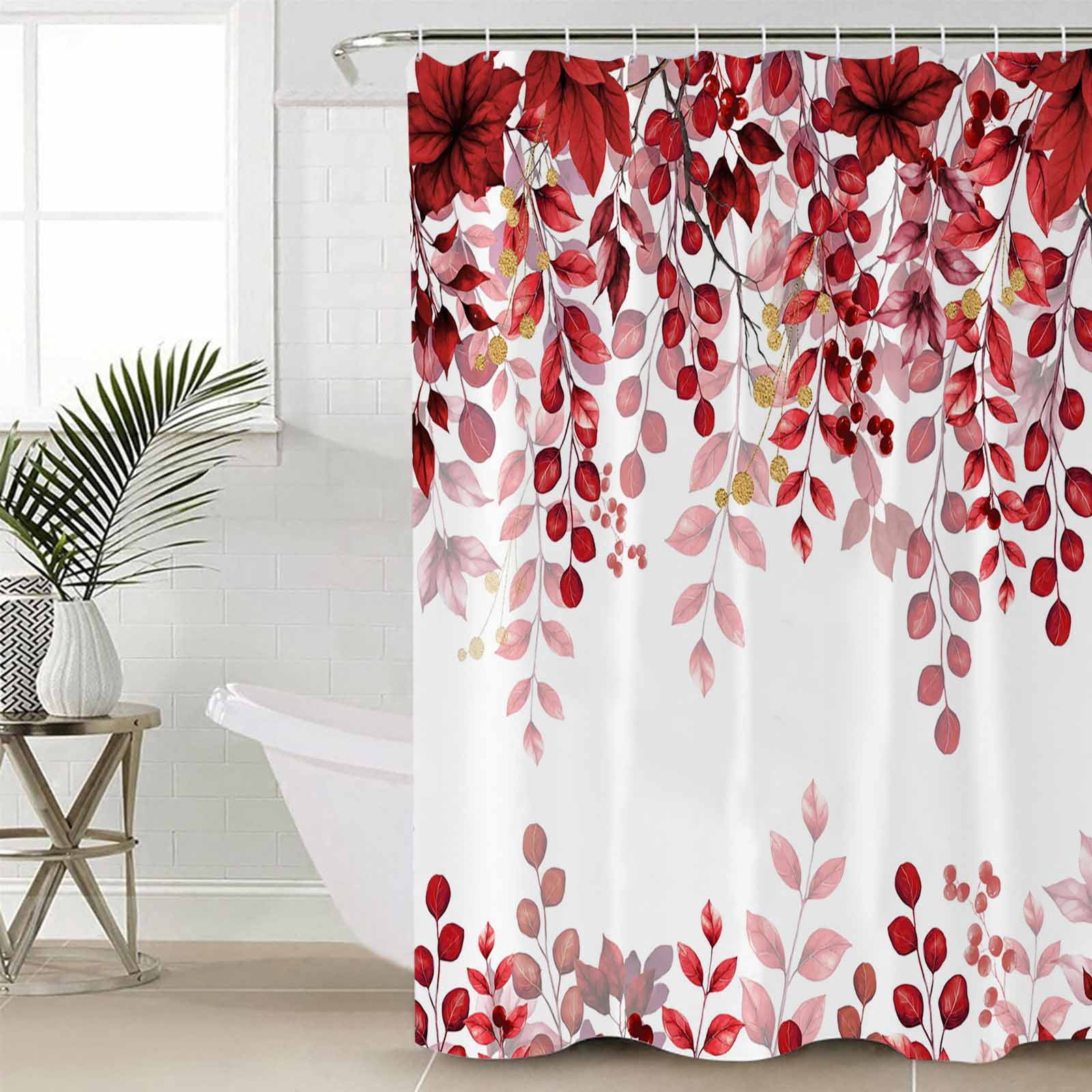 Red Eucalyptus Bathroom Curtain 78 Inch Shower Curtain with Hooks, Gold Branches Vintage Flower Plant Waterproof Polyester Bath Curtain Washable Bathtub Curtain 72''x 78''