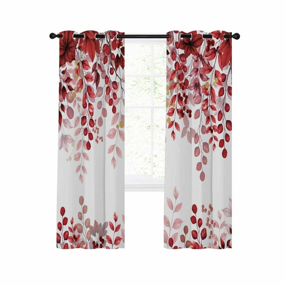 Red Eucalyptus Blackout Curtains 39 Inches Long for Bedroom, Gold Branches Vintage Flower Plant Thermal Insulated Room Darkening Black Out Window Curtain Panels Grommet Drapes for Living Room