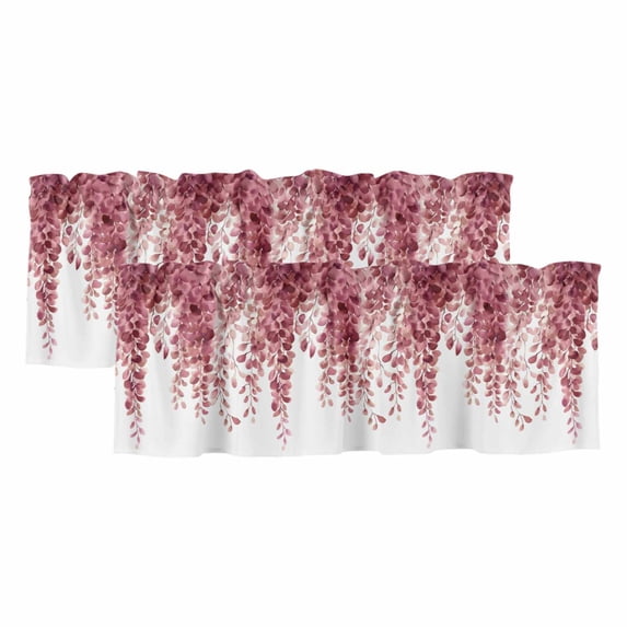 Red Eucalyptus Leaf Curtain Valances for Windows, Kitchen Valance Window Treatments Panel 2 Pack, Spring Rustic Botanical Rod Pocket Short Curtains for Bathroom Bedroom 42 x 12 Inch