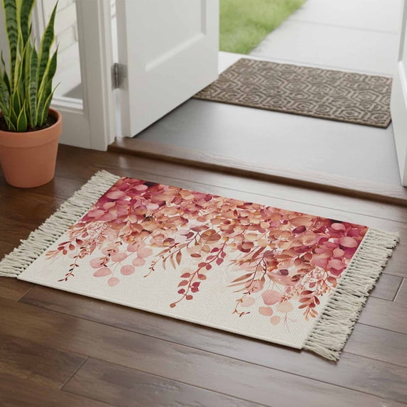 Red Eucalyptus Leaves Bathroom Rug 2'x3', Spring Floral Summer Botanical Low Profile Front Entryway Rug with Tassels, Woven Cotton Washable Kitchen Mat Carpet for Foyer Bedroom Back Door Decor
