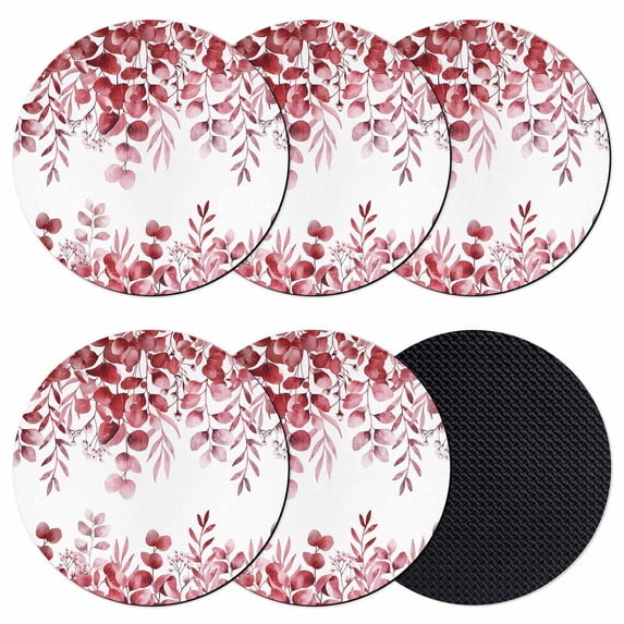 Red Eucalyptus Leaves Coasters Set of 6, Absorbent Coasters for Drinks, Spring Summer Botanical Coaster for Desk Coffee Table Protection, Home Decor House Warming Gifts 4"