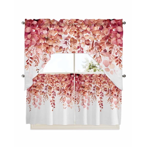 Red Eucalyptus Leaves Kitchen Curtain and Valance Set 3 Pieces,Rod Pocket Short Tier Curtains 24 Inch Length,Spring Floral Summer Botanical Swag Topper Small Window Treatment for Cafe Bathroom