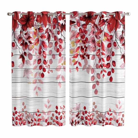 Red Eucalyptus Leaves Kitchen Curtains 63 Inch Length, Summer Botanical Weeping Wooden Grommet Top Bedroom Living Room Curtains, Light Filtering Cafe Curtain Drapes 2 Panels Set 84''x63''