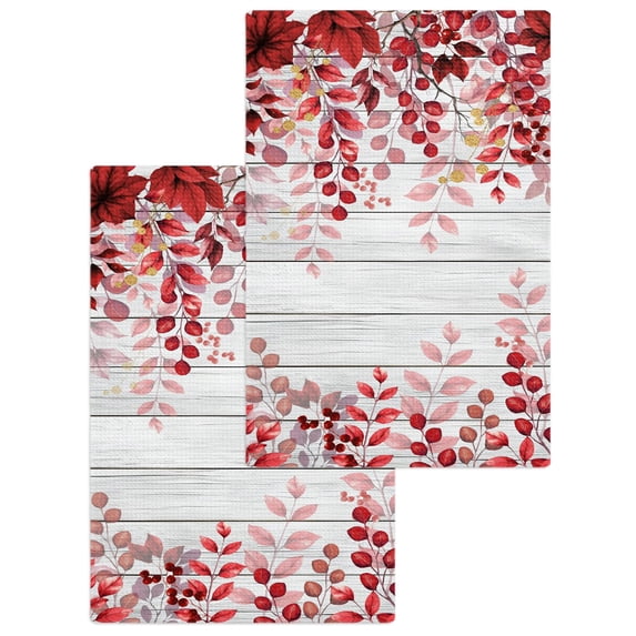 Red Eucalyptus Leaves Kitchen Dish Towels for Drying Dishes Set of 2, Summer Botanical Weeping Wooden Waffle Weave Microfiber Hand Tea Bathroom Towels Quick Dry & Absorbent Towel 15.7x23.6
