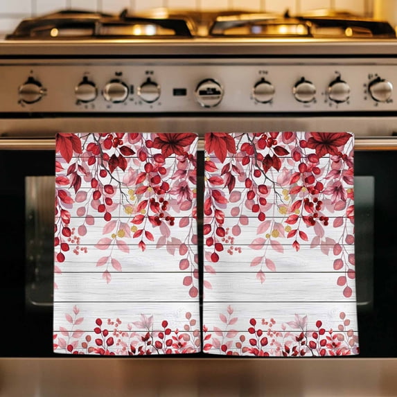 Red Eucalyptus Leaves Kitchen Towels Set of 1, Summer Botanical Weeping Wooden Absorbent Dish Towels for Kitchen, Microfiber Hand Towel, Quick Drying Tea Towel for Cleaning Decorative Dishcloths