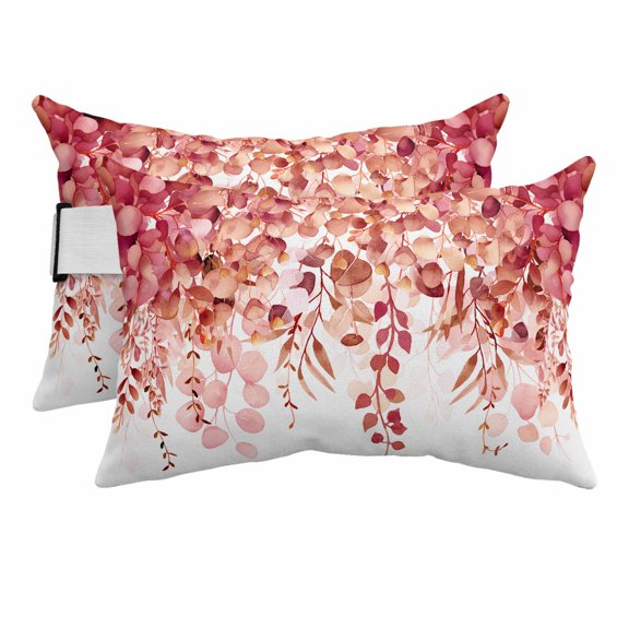 Red Eucalyptus Leaves Outdoor Pillows for Chaise Lounge Chair Beach Headrest Pillow Set of 2 Waterproof Lumbar Pillows with Insert&Strap Spring Floral Summer Botanical Pillow for Patio Pool 12"x20"