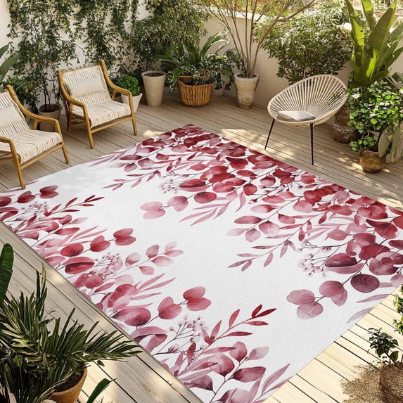 Red Eucalyptus Leaves Outdoor Rug for Patio/Deck/Porch, Non-Slip Large Area Rug 4 x 6 Ft, Spring Summer Botanical Indoor Outdoor Rugs Washable Area Rugs, Reversible Camping Rug Carpet Runner