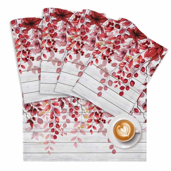 Red Eucalyptus Leaves Placemats for Dining Table Set of 4, Summer Botanical Weeping Wooden Cotton Linen Cloth for Square/Rectangle/Round Table Mat Placemat, Kitchen Dinner Holiday Décor