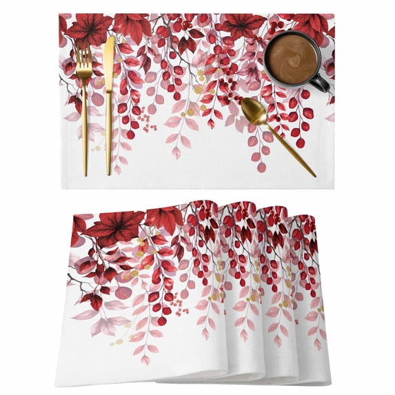 Red Eucalyptus Leaves Placemats Set of 4, Summer Botanical Weeping Placemats for Dining Table, Place Mats for Kitchen Tabletop, Waterproof Wipeable Dining Table Mats Set