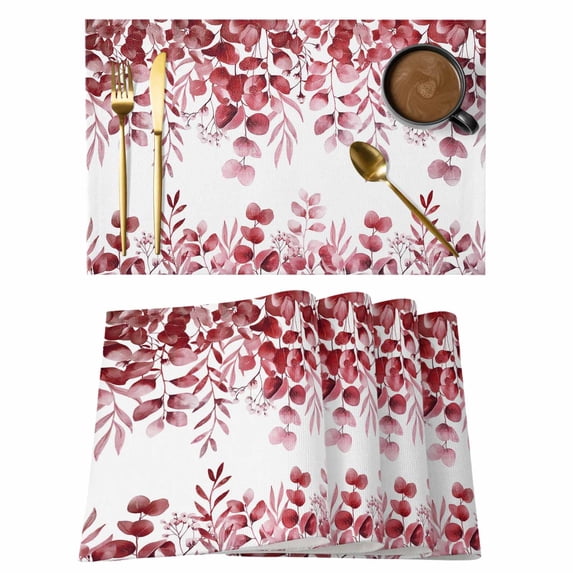 Red Eucalyptus Leaves Placemats Set of 8, Spring Summer Botanical Placemats for Dining Table, Place Mats for Kitchen Tabletop, Waterproof Wipeable Dining Table Mats Set