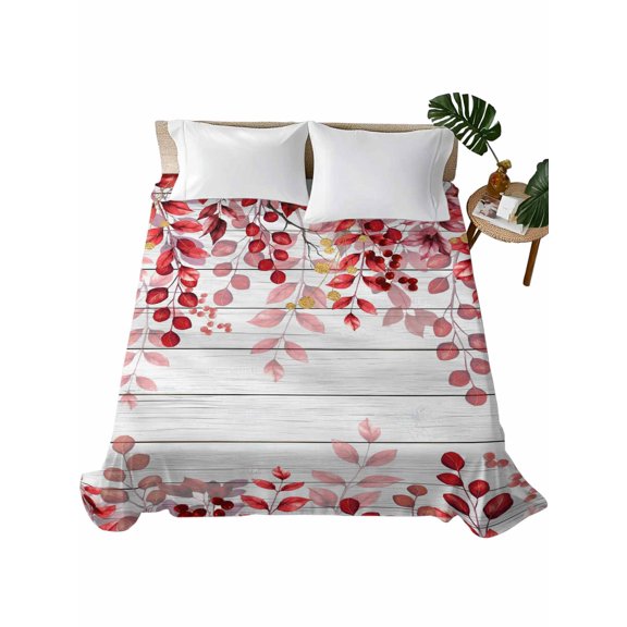 Red Eucalyptus Leaves Queen Size Flat Sheet Only, Hotel Luxury Microfiber Bed Top Sheets, Summer Botanical Weeping Wooden Soft Breathable Bedding Sheet for Bedroom, Easy Care - 90" x 102"