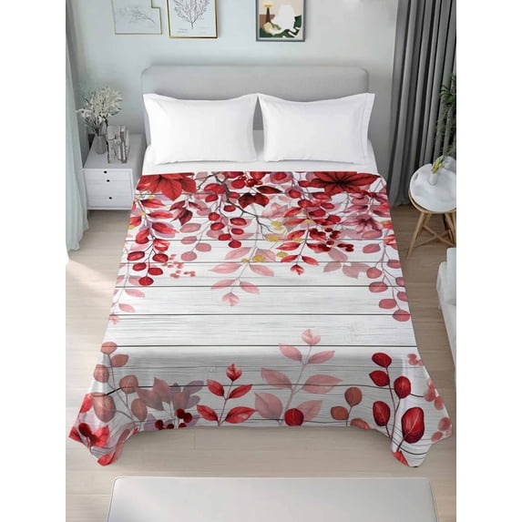 Red Eucalyptus Leaves Queen Size Flat Sheet, Wrinkleproof & Fadeproof Cooling Flat Bed Sheet Only, Summer Botanical Weeping Wooden Breathable Soft Bedding Top Sheets 90 x 102 Inches