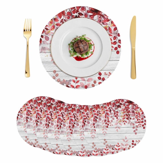 Red Eucalyptus Leaves Round 13 Inch Placemats Set of 8, Summer Botanical Weeping Wooden HeatResistant Non Slip Place Mats for Dining Table, Wipeable Braided Kitchen Table Mats for Housewarming