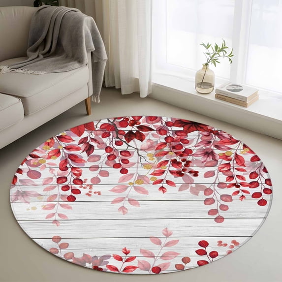Red Eucalyptus Leaves Round Area Rug 3 FT, Small Kitchen Bathroom Mats, Summer Botanical Weeping Wooden Washable Indoor Outdoor Throw Runner Carpet Non-Shedding Doormat for Table Shower Sofa Entryway