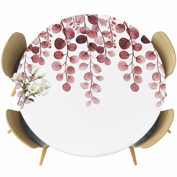 Red Eucalyptus Leaves Round Tablecloth 36-44 Inch Round Fitted Table Cloth with Elastic Edge, Watercolor Floral Leaf Plants Waterproof Table Cover Protector for Outdoor Picnic Party Dining