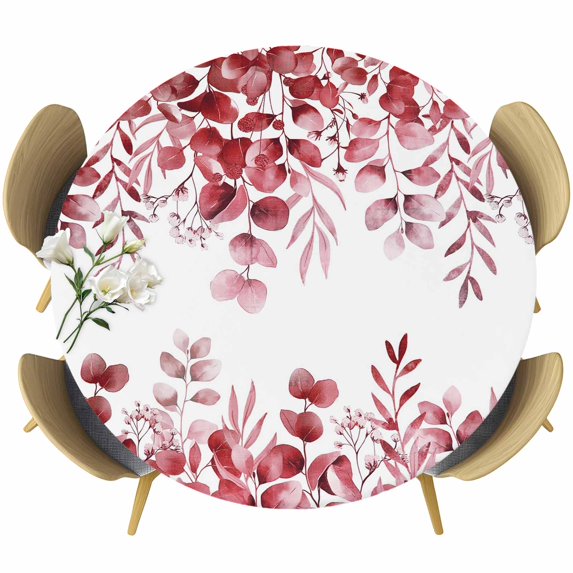 Red Eucalyptus Leaves Round Tablecloth, Fitted Table Cover with Elastic for 45"-54" Round Tables, Spring Summer Botanical Table Cloth Outdoor Indoor Dinning Party Waterproof Tablecloths