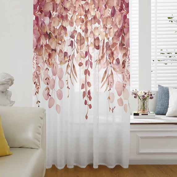 Red Eucalyptus Leaves Semi Sheer Curtains Drapes for Living Room, Bedroom, French Doors Window 54 Inches Long, Spring Floral Summer Botanical Rod Pocket Chiffon Curtain Drapery Voile Draperies Panel