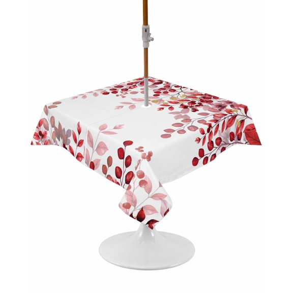 Red Eucalyptus Leaves Square Outdoor Tablecloth, Waterproof Table Cloth Cover with Umbrella Hole and Zipper, Summer Botanical Weeping Table Protector for Patio Party Picnic 54"x54"