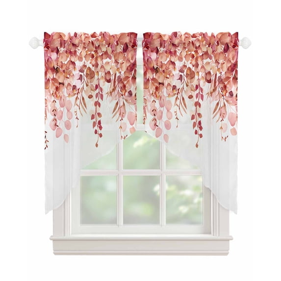 Red Eucalyptus Leaves Swag Valances for Windows, Spring Floral Summer Botanical Rod Pocket Sheer Valances for Small Windows, Swag Toppers Light Filtering for Kitchen Living Room 2 Panels 28''x36''
