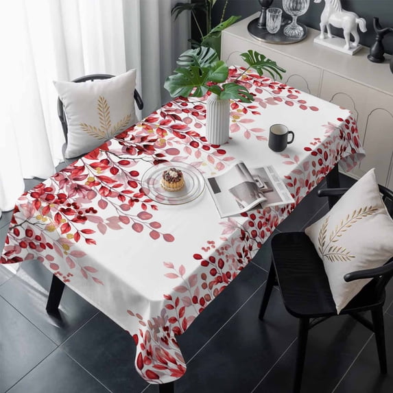 Red Eucalyptus Leaves Table Cloth Waterproof Tablecloths, Summer Botanical Weeping Tablecloth Dining Table Cover for Kitchen Party Tabletop Outdoor, Rectangle Tablecloth 54x108 Inch