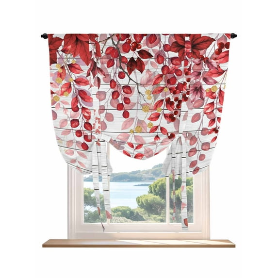 Red Eucalyptus Leaves Tie Up Curtains for Windows 45 Inch Length Balloon Curtains Kitchen Adjustable Balloon Window Shade Summer Botanical Weeping Wooden Tie Up Bathroom Curtain Window 52"x45"