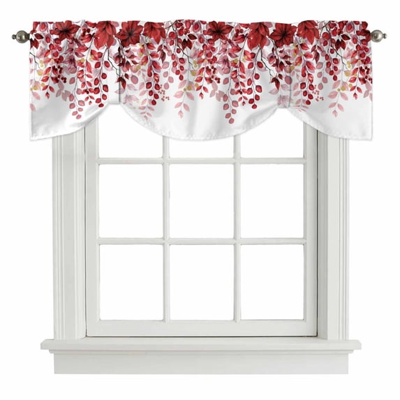 Red Eucalyptus Leaves Tie Up Valance Curtains for Windows, Kitchen Curtains Window Treatments, Summer Botanical Weeping Short Window Shades Valances for Bedroom Bathroom Cafe 42"x12"